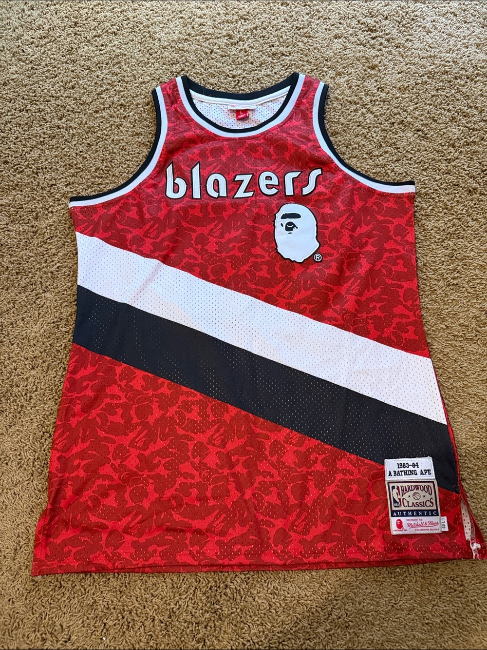 Mitchell & Ness Red Blazers BAPE Sleeveless Jersey with Black & White Stripes